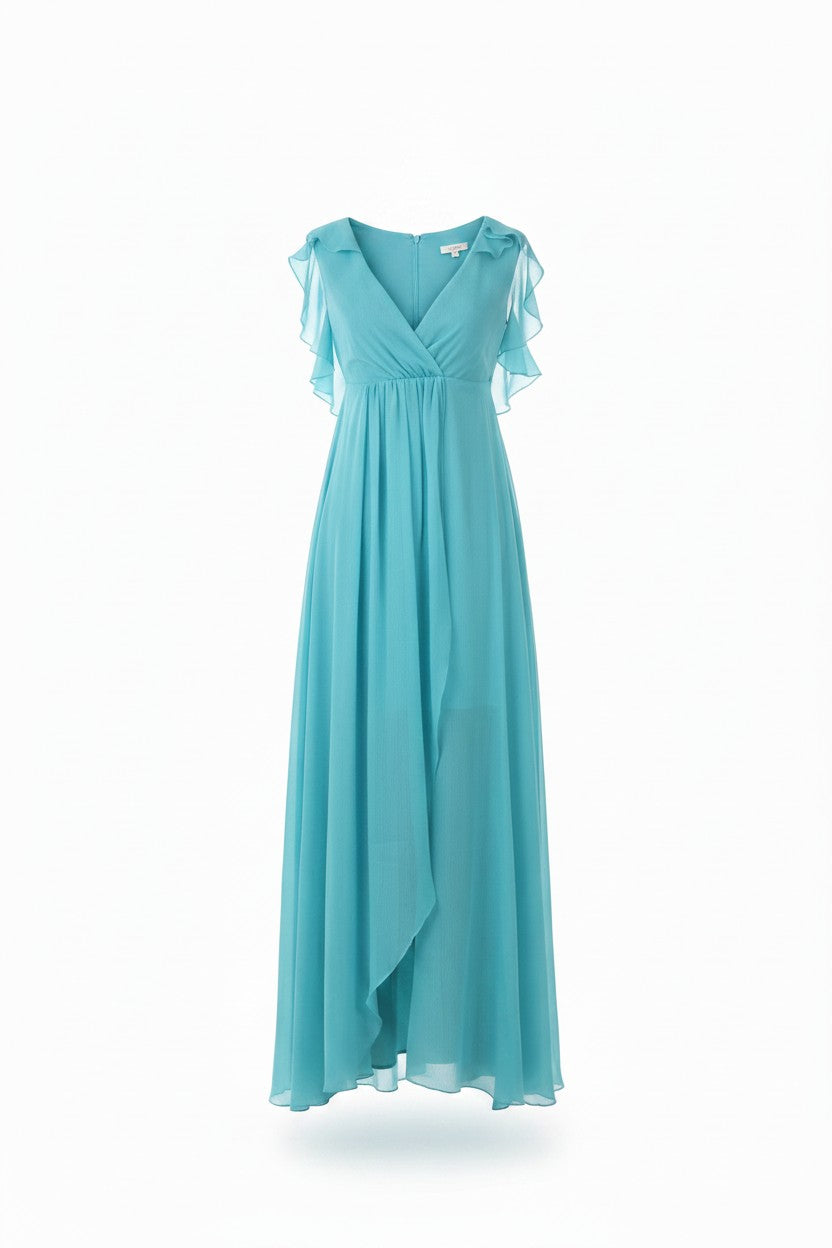 Abito da cerimonia Infinity Valentina Rio in chiffon azzurro con scollo a V e maniche a volant