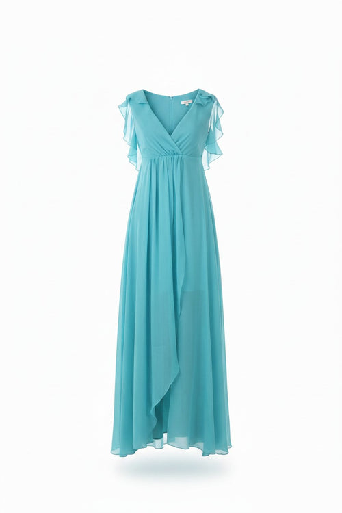 Abito da cerimonia Infinity Valentina Rio in chiffon azzurro con scollo a V e maniche a volant