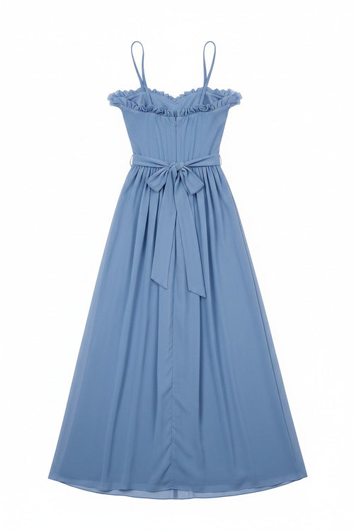 Abito lungo da cerimonia Infinity Valentina Rio in chiffon blu con spalline sottili e fiocco in vita