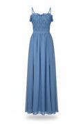 Abito lungo da cerimonia Infinity Valentina Rio in chiffon blu con corpetto arricciato e spalline sottili
