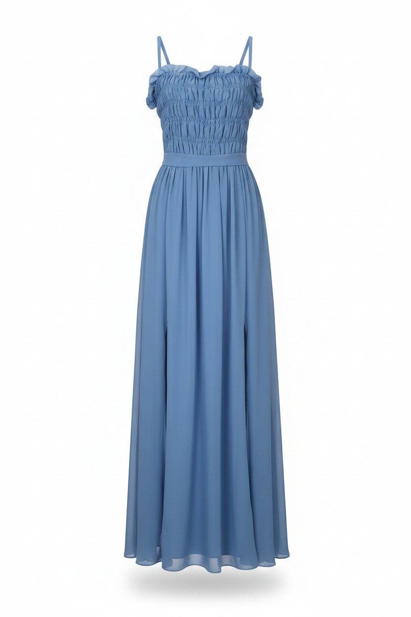 Abito lungo da cerimonia Infinity Valentina Rio in chiffon blu con corpetto arricciato e spalline sottili