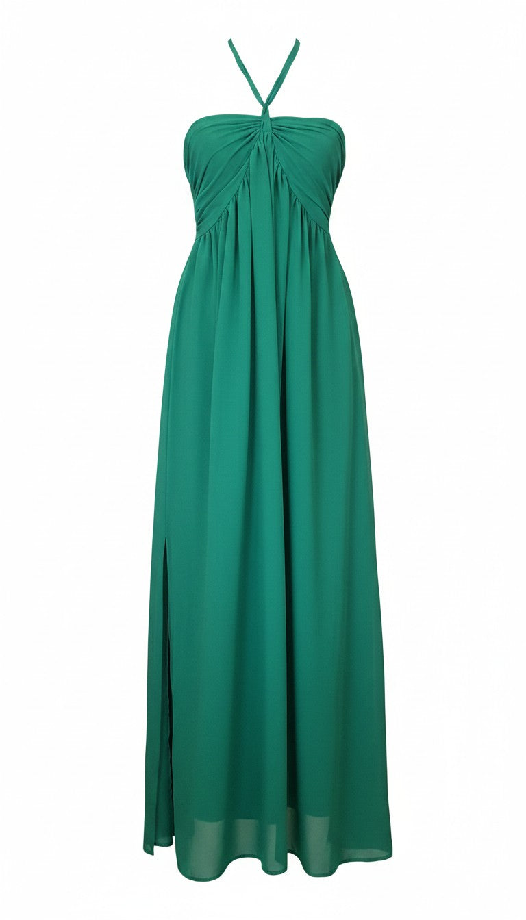 Abito lungo Infinity verde smeraldo con scollo all'americana, drappeggiato e con spacco laterale per cerimonie