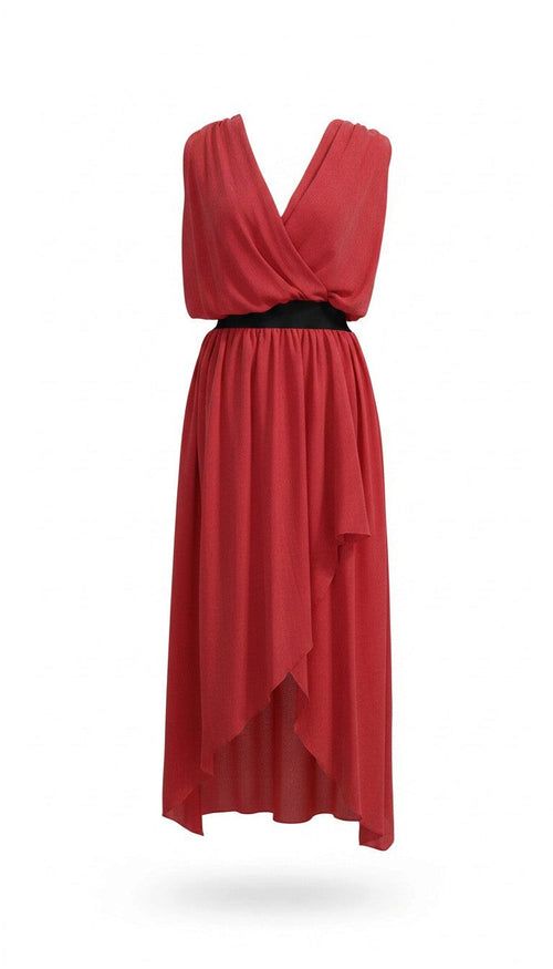 Abito midi Infinity rosso con scollo a V, corpetto drappeggiato e fascia in vita nera, gonna asimmetrica elegante.
