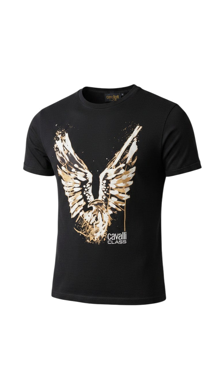 T-shirt nera Infinity Cavalli CLASS in cotone con stampa grafica di un rapace dorato e bianco sul petto
