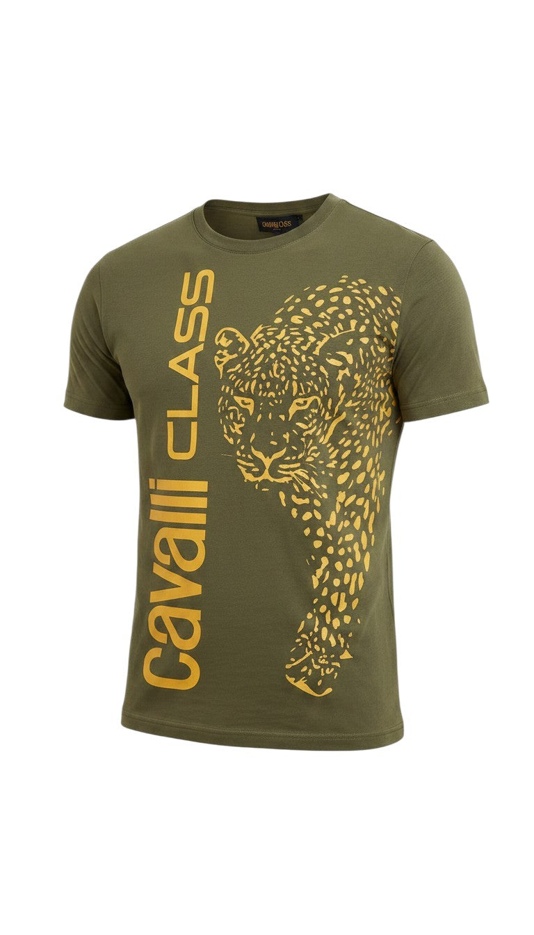 T-shirt Infinity Cavalli Class verde oliva in cotone con stampa grafica di un leopardo dorato e logo verticale