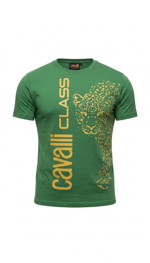 T-shirt Infinity Cavalli Class verde smeraldo in cotone con stampa leopardata oro e logo verticale