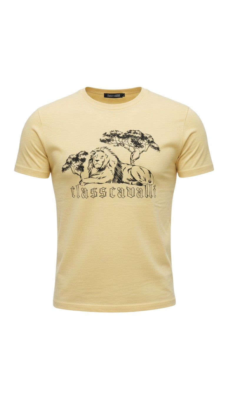 T-shirt Infinity Class Cavalli in cotone giallo pastello con stampa grafica di un leone e logo sul petto