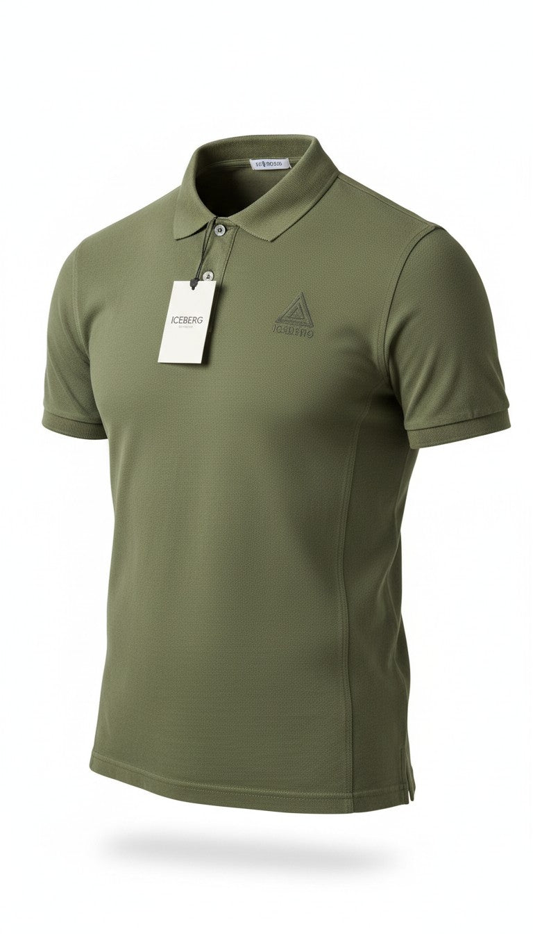 Polo Infinity Iceberg verde oliva in piqué di cotone con logo ricamato sul petto e chiusura a due bottoni
