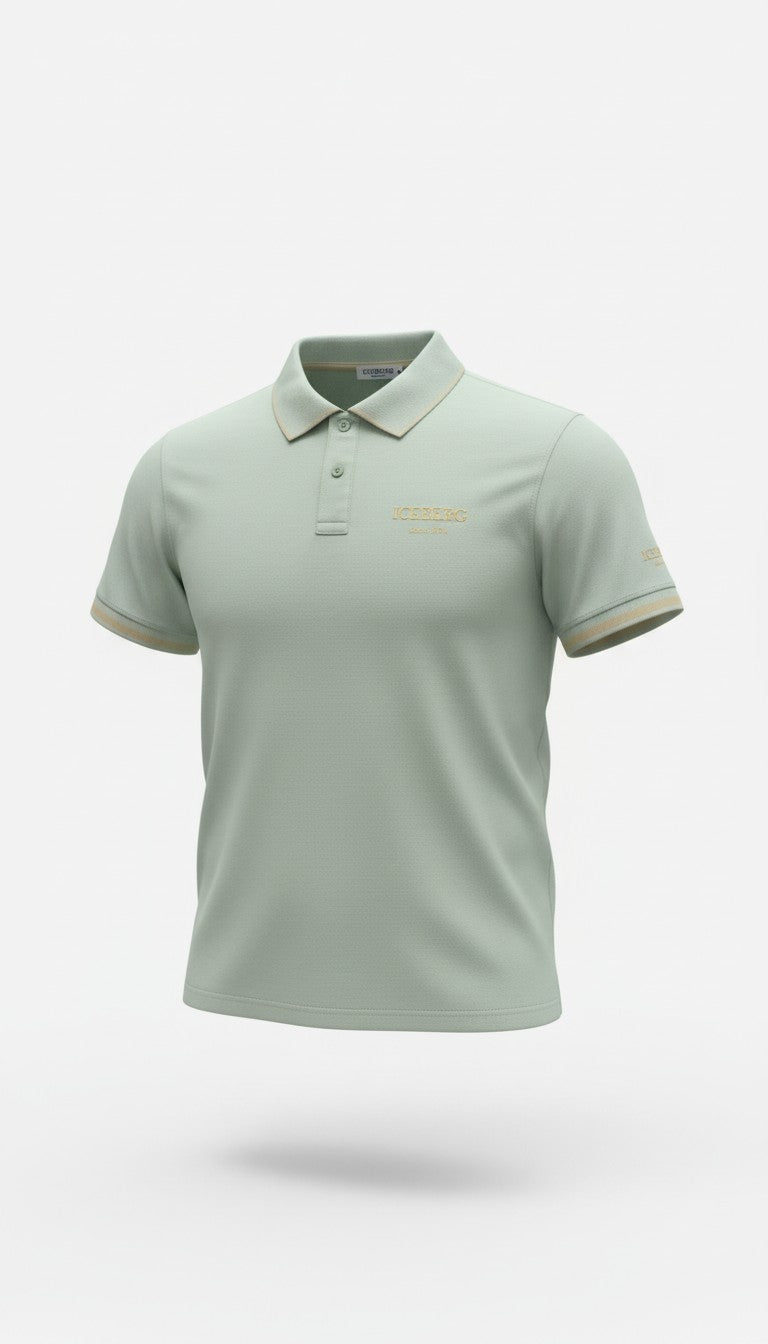 Polo Infinity Iceberg verde salvia in tessuto tecnico con colletto e profili a contrasto color sabbia e logo ricamato