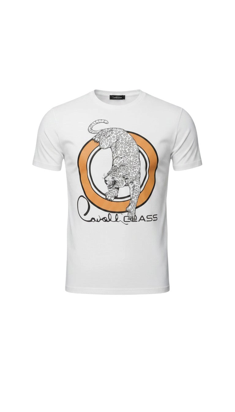 T-shirt bianca in cotone Infinity Cavalli Class con stampa grafica di un leopardo e logo corsivo