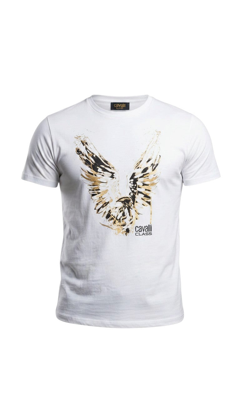 T-shirt bianca in cotone Infinity Cavalli Class con stampa grafica di ali stilizzate dorate e nere sul petto