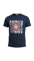 T-shirt blu navy Infinity in cotone con stampa grafica geometrica frontale e logo Cavalli Class