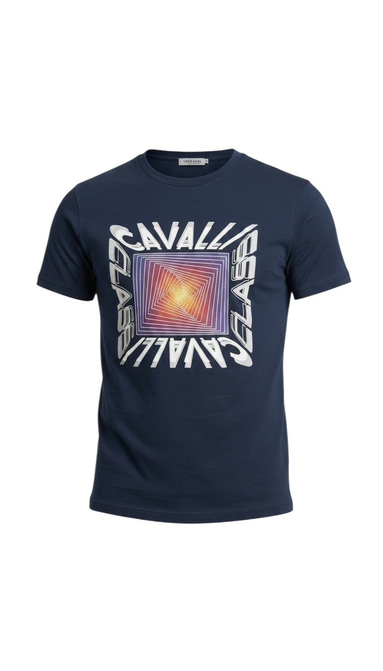 T-shirt blu navy Infinity in cotone con stampa grafica geometrica frontale e logo Cavalli Class
