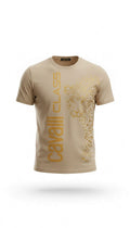 T-shirt Infinity Cavalli Class beige in cotone con logo verticale e stampa leopardo dorata sul davanti