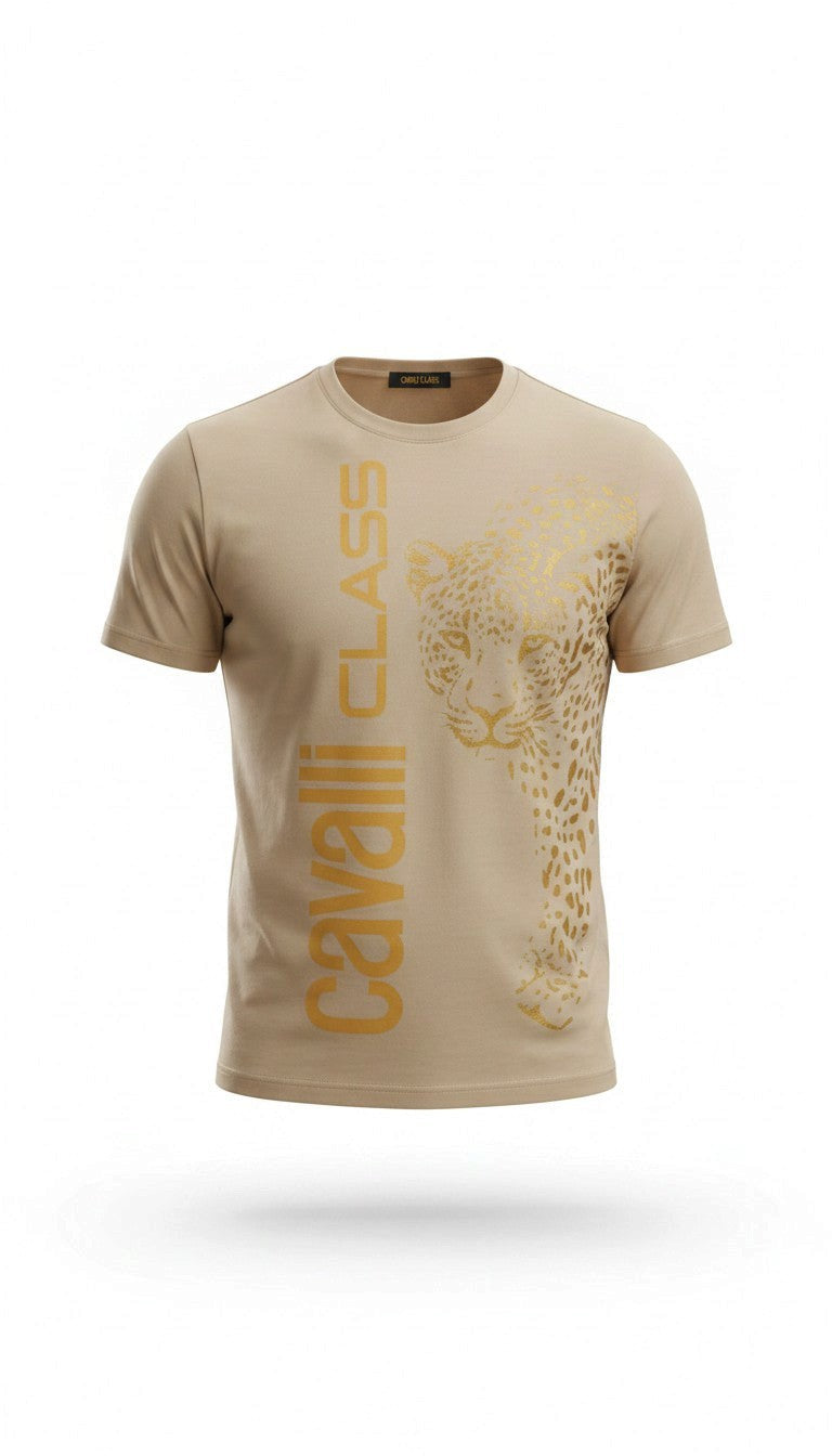T-shirt Infinity Cavalli Class beige in cotone con logo verticale e stampa leopardo dorata sul davanti