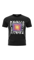 T-shirt nera Infinity Cavalli Class in cotone con stampa grafica geometrica centrale nei toni del giallo e arancio
