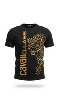 T-shirt Infinity Cavalli Class nera in cotone con stampa grafica dorata di un leopardo e logo verticale