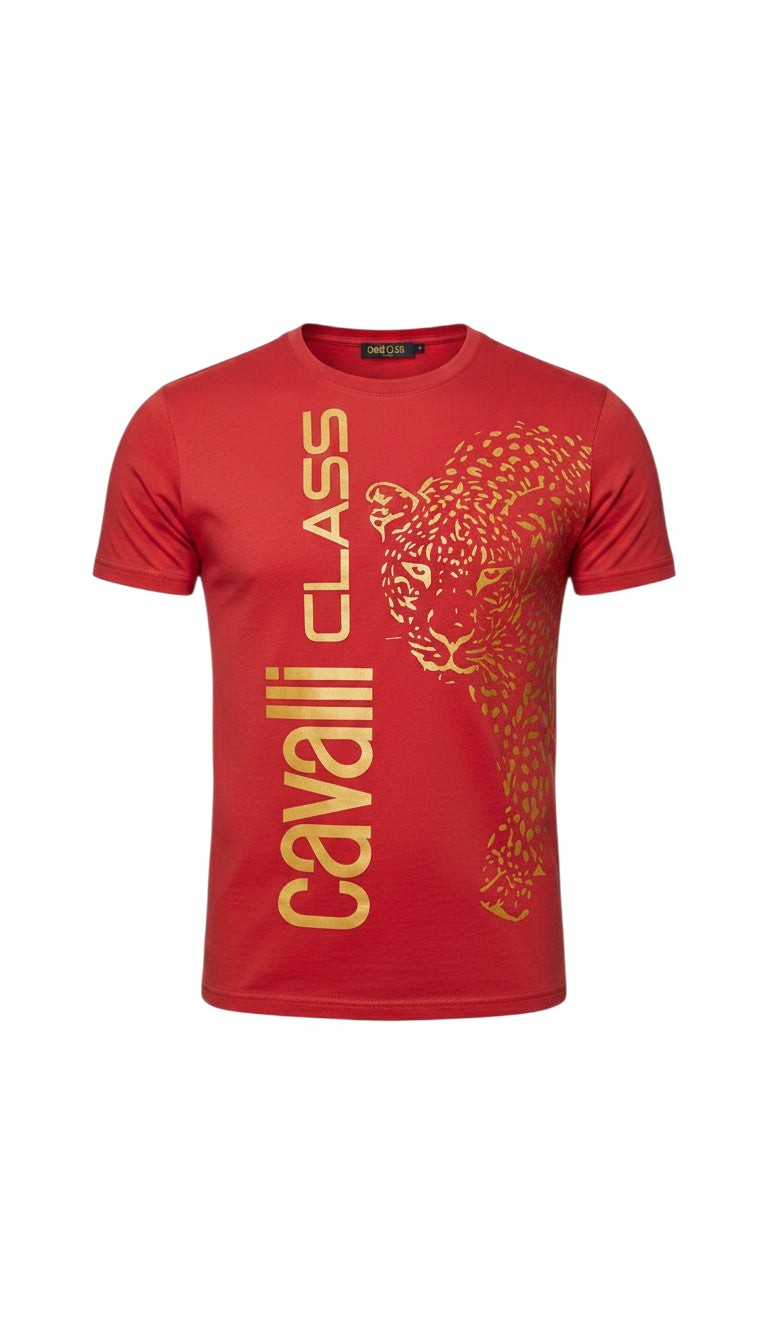 T-shirt Infinity Cavalli Class rossa in cotone con stampa grafica di leopardo dorato e logo verticale
